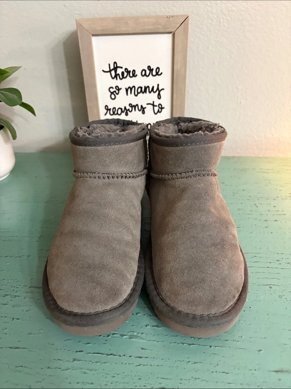 Wos Gray Suede Cozy Ugg Booties - Plush Lining